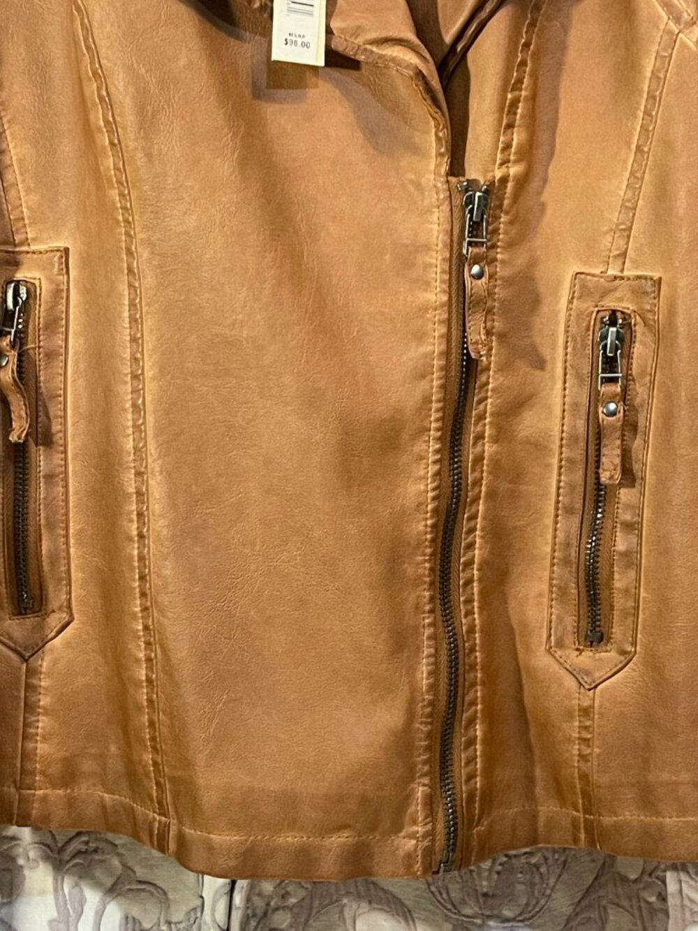 NWT Max Studio Large Women's Cognac Everyday Casual Faux Leather Moto Jacket - Picture 11 of 16